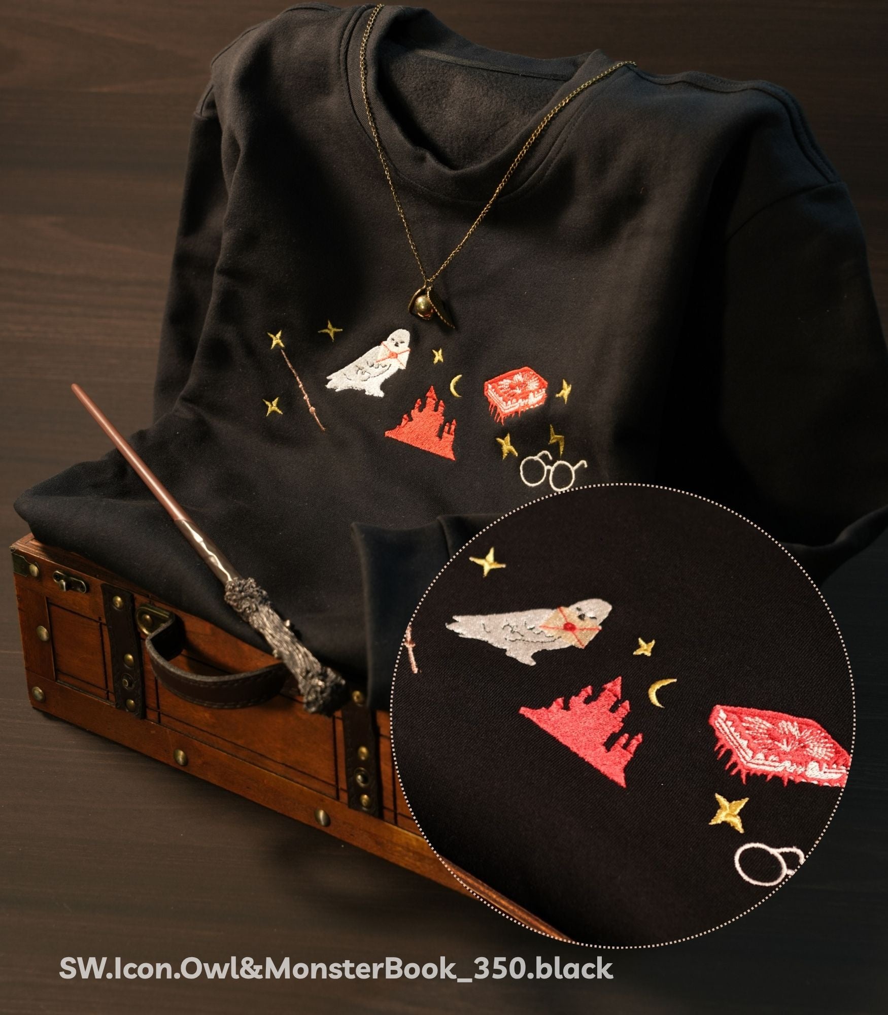 Magic Gift Set – Owl &amp; MonsterBook 3-piece sweater (Black Sweater + Wand)