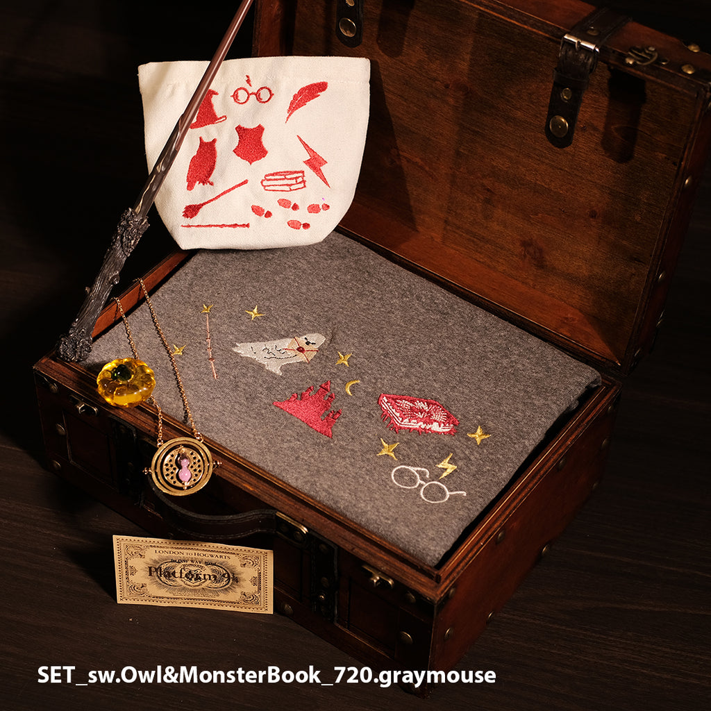 Magic Gift Set – Owl & MonsterBook 6-piece sweater (Gray sweater + Wand + Glass pumpkin + Mini bag)