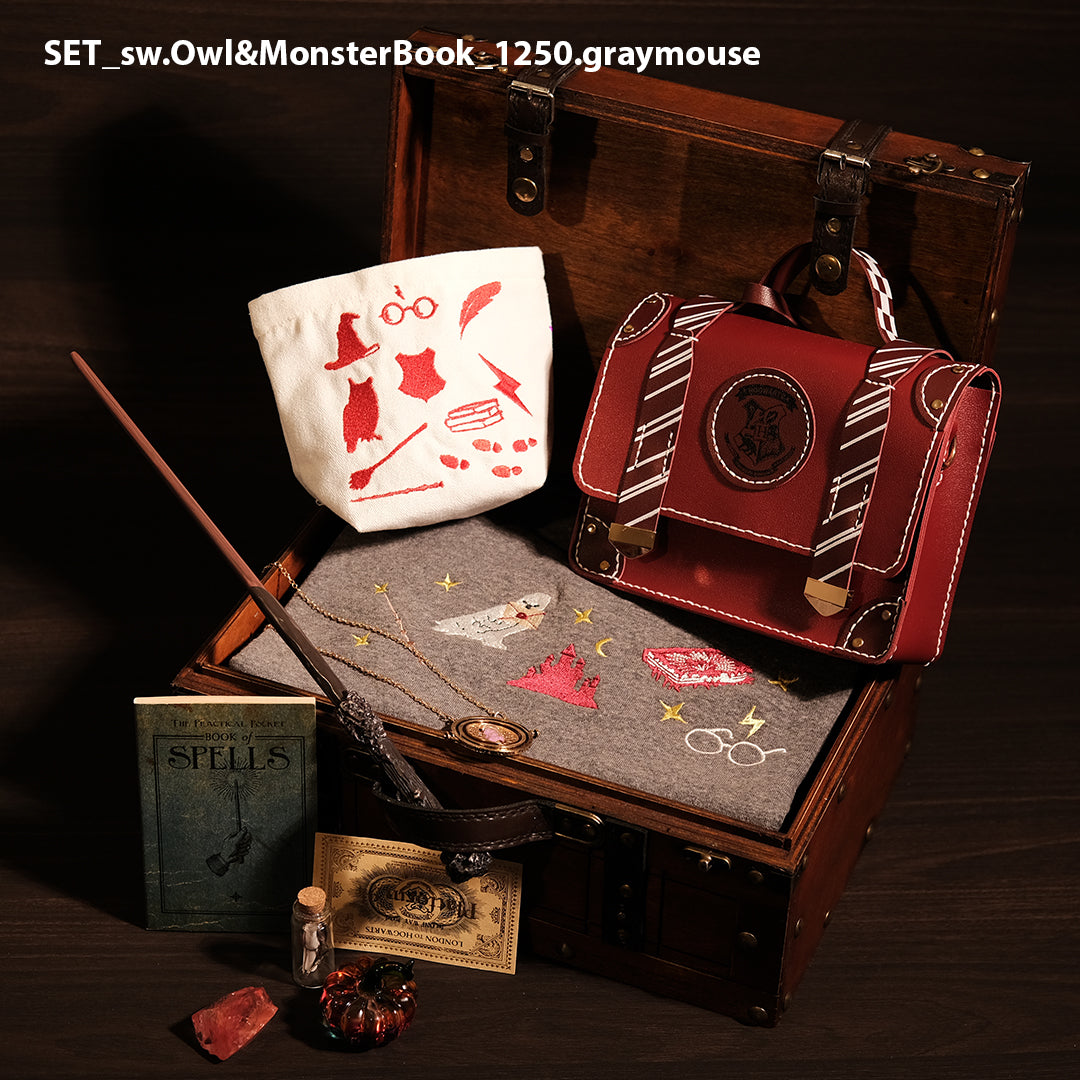 Magic Gift Set – Sweater Owl & MonsterBook 10 pieces (Gray sweater + Wand + Glass pumpkin + spell book + Mini bag)