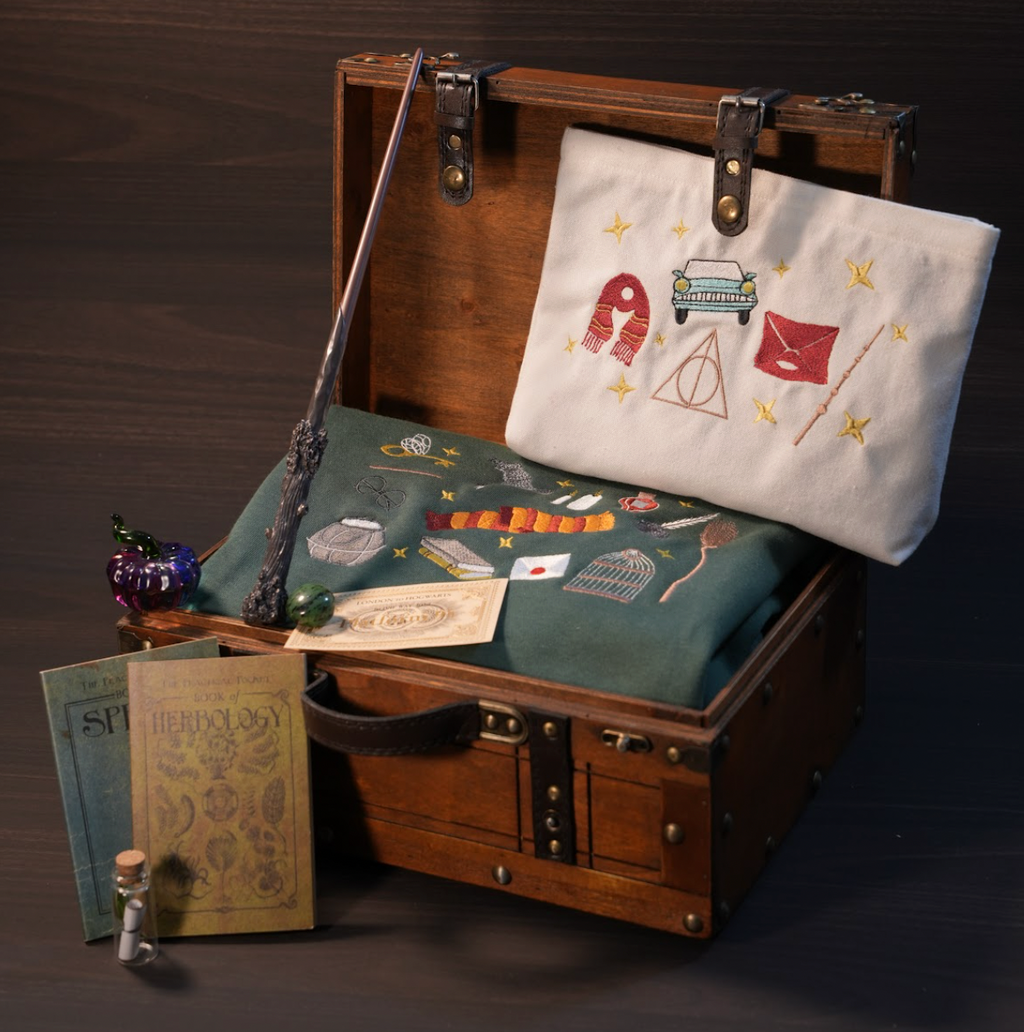 Harry's Magic Gift Set – Chest 8 Pieces (Teal Blue Robe, Wand, Large Pencil Bag, 2 Spell Books)